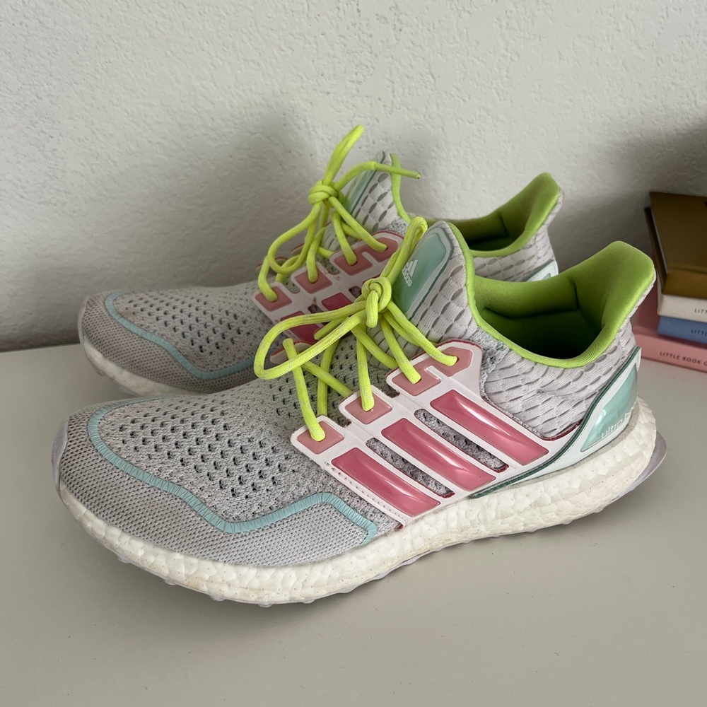 Adidas Women's Gray and Pink Sneakers with Neon Green Laces